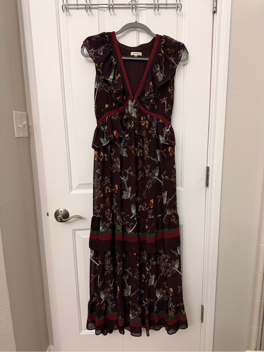 Max Studio Burgundy Floral Ruffle Maxi Dress